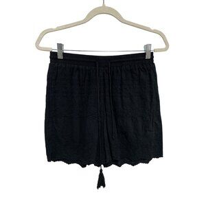 Solitaire Shorts Size Medium Embroidered Pull On Elastic Waist Tassel Tie Black